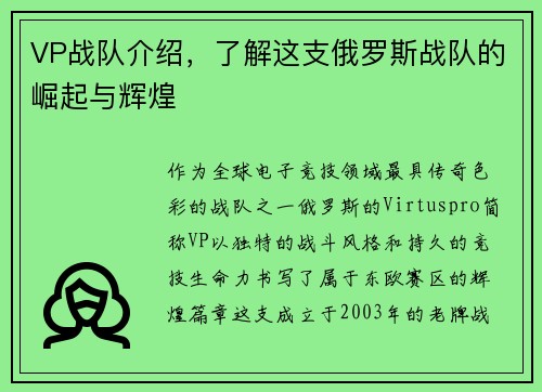 VP战队介绍，了解这支俄罗斯战队的崛起与辉煌