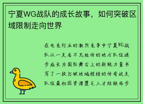 宁夏WG战队的成长故事，如何突破区域限制走向世界