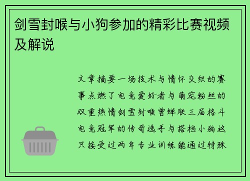 剑雪封喉与小狗参加的精彩比赛视频及解说