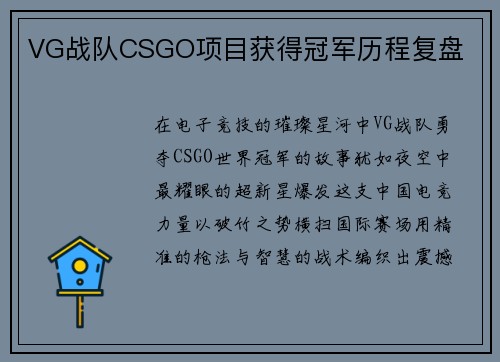 VG战队CSGO项目获得冠军历程复盘